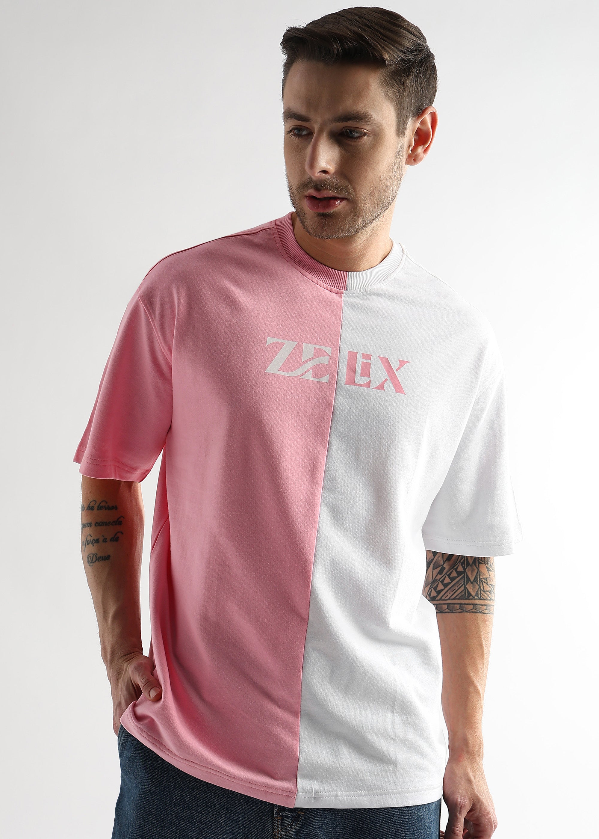 Pink and white oversized unisex streetwear t-shirt