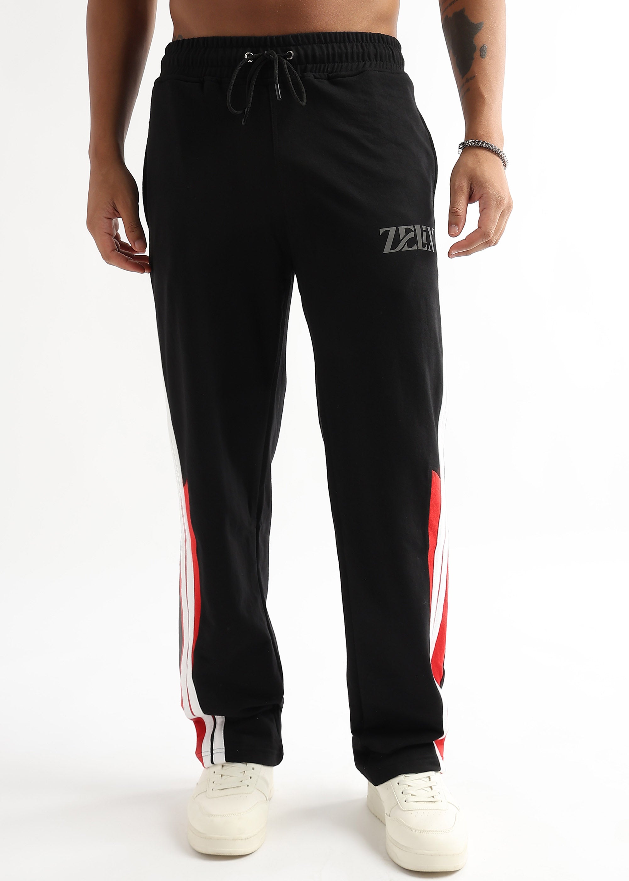 Athletic fit jogger pants in black with red panels