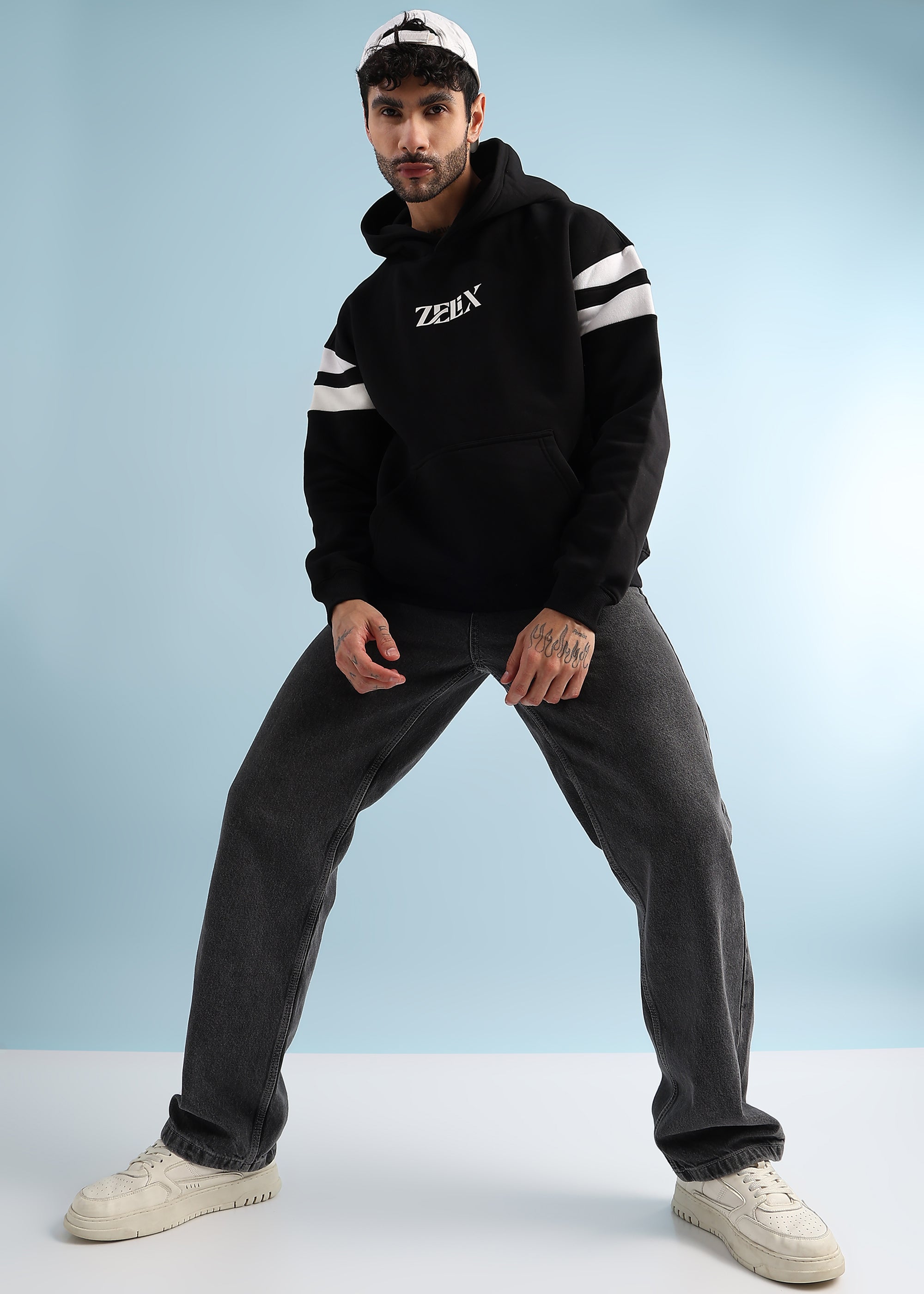 REBEL THREAD FLEECE HOODIE (BLACK WHITE)