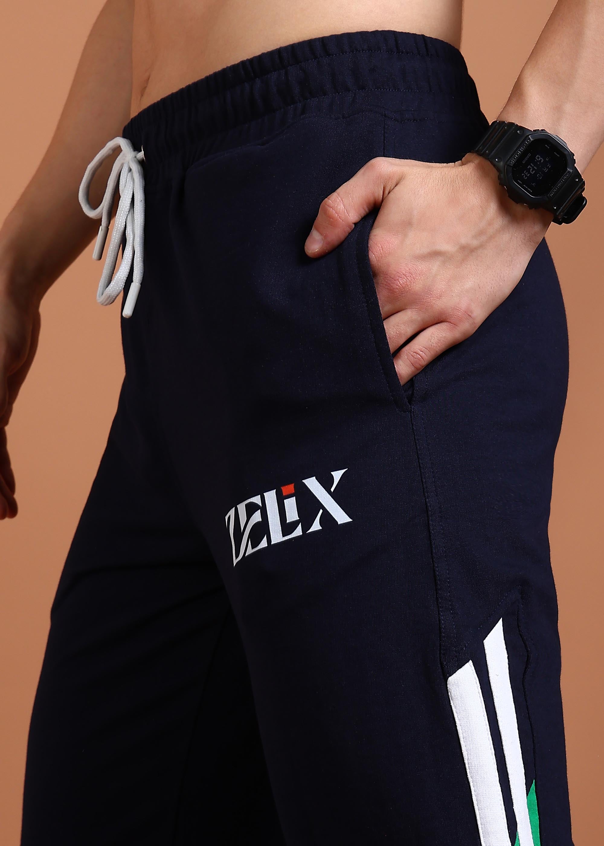 Trendy navy-green color block casual joggers