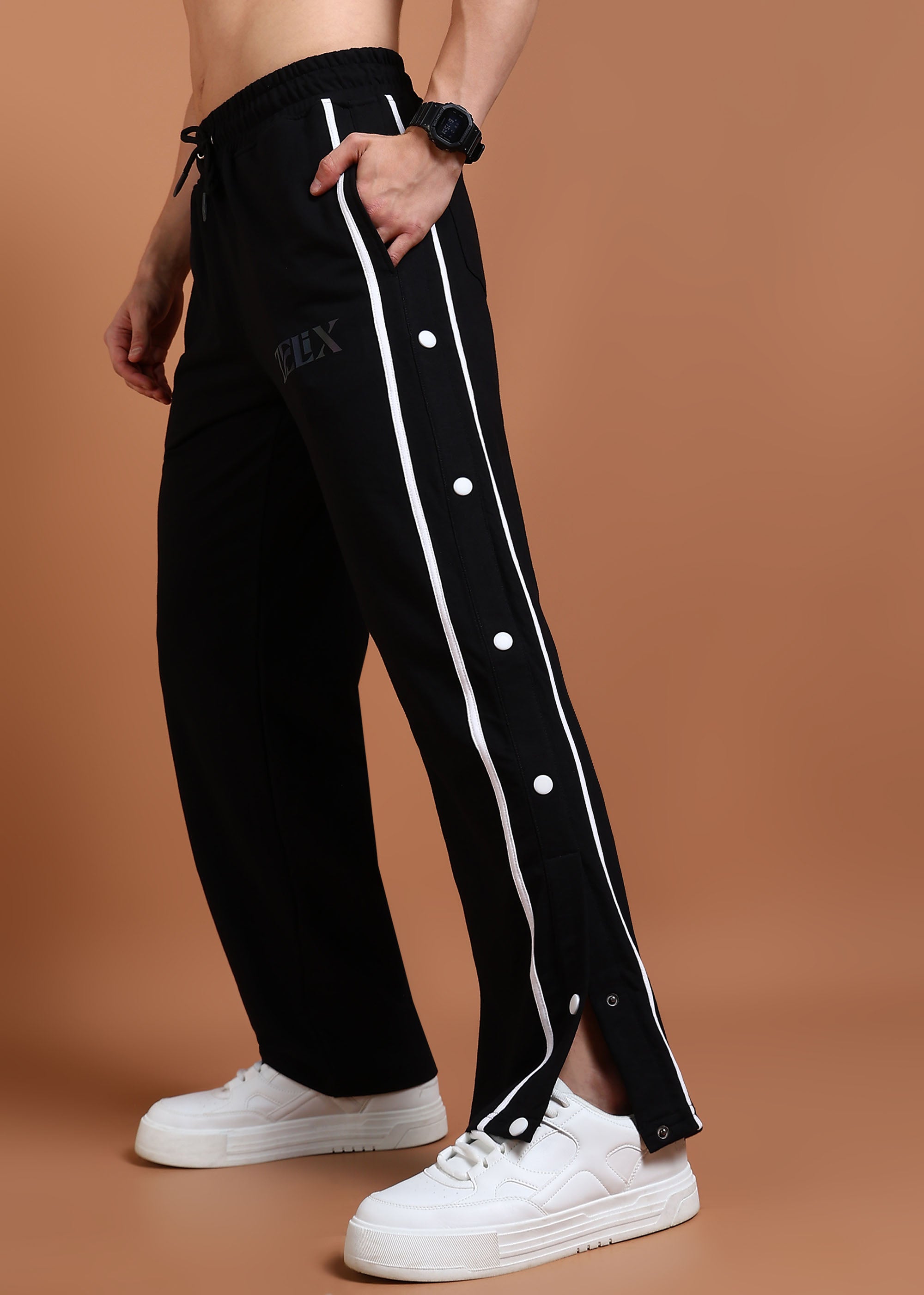 Athletic black joggers with striped panel design