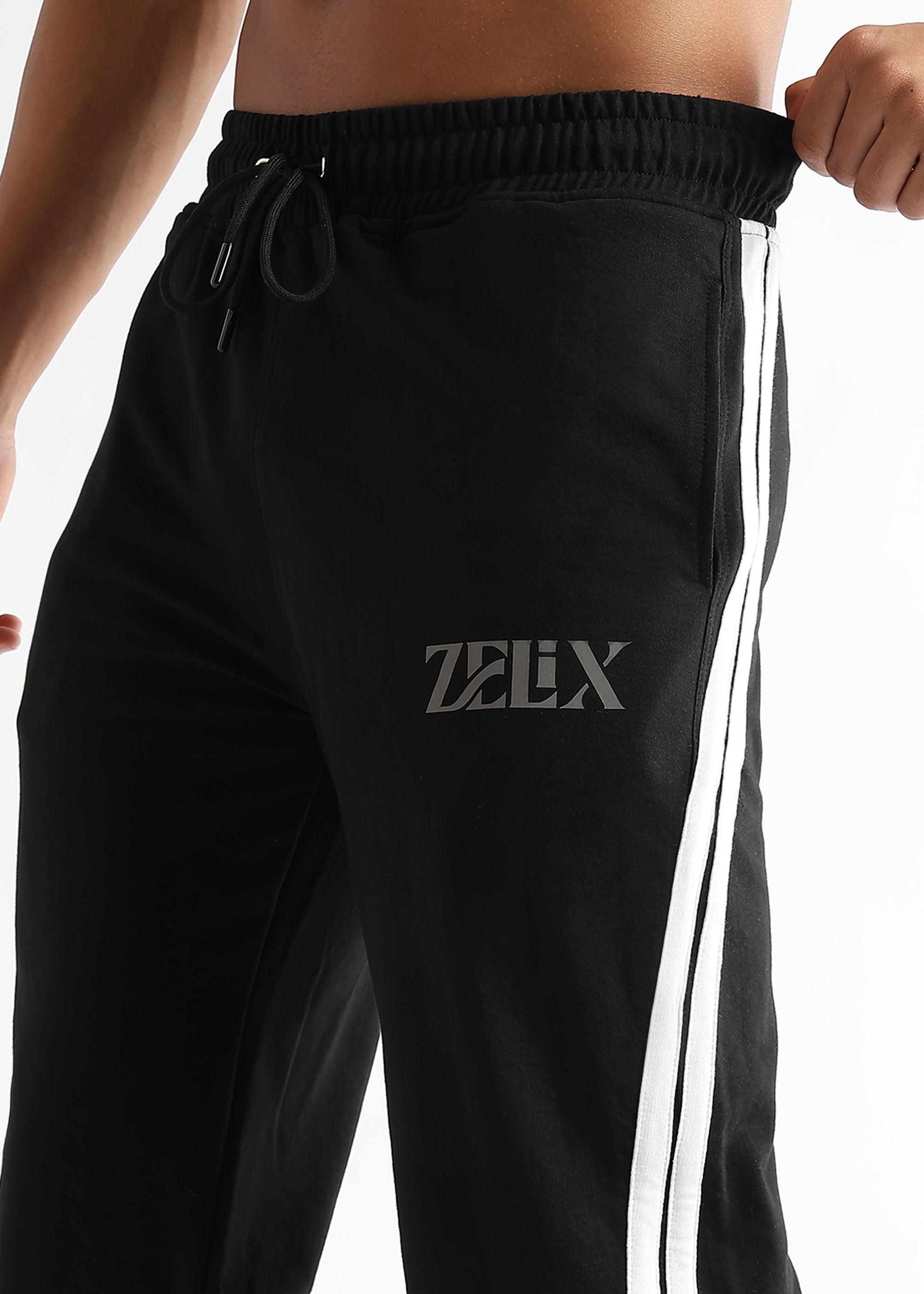 Stylish tapered leg joggers black with red stripes