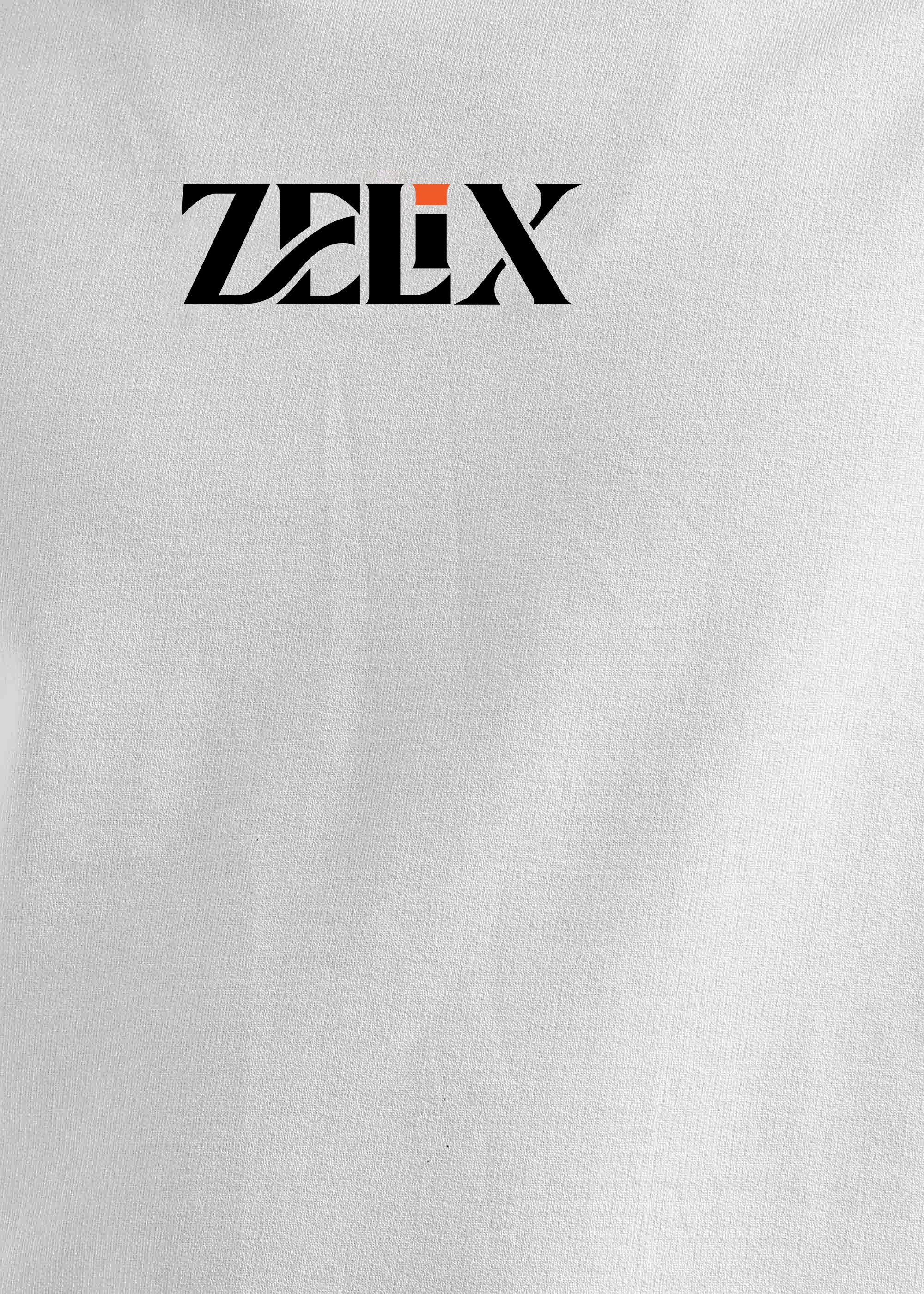 White sweatshirt with 'Zelix' logo on a plain background