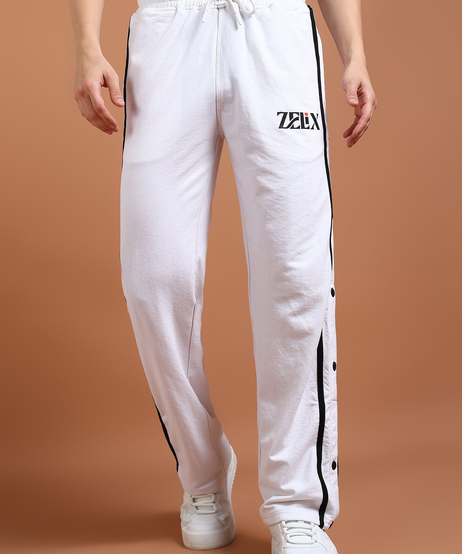 White “Striped Elegance” panel joggers