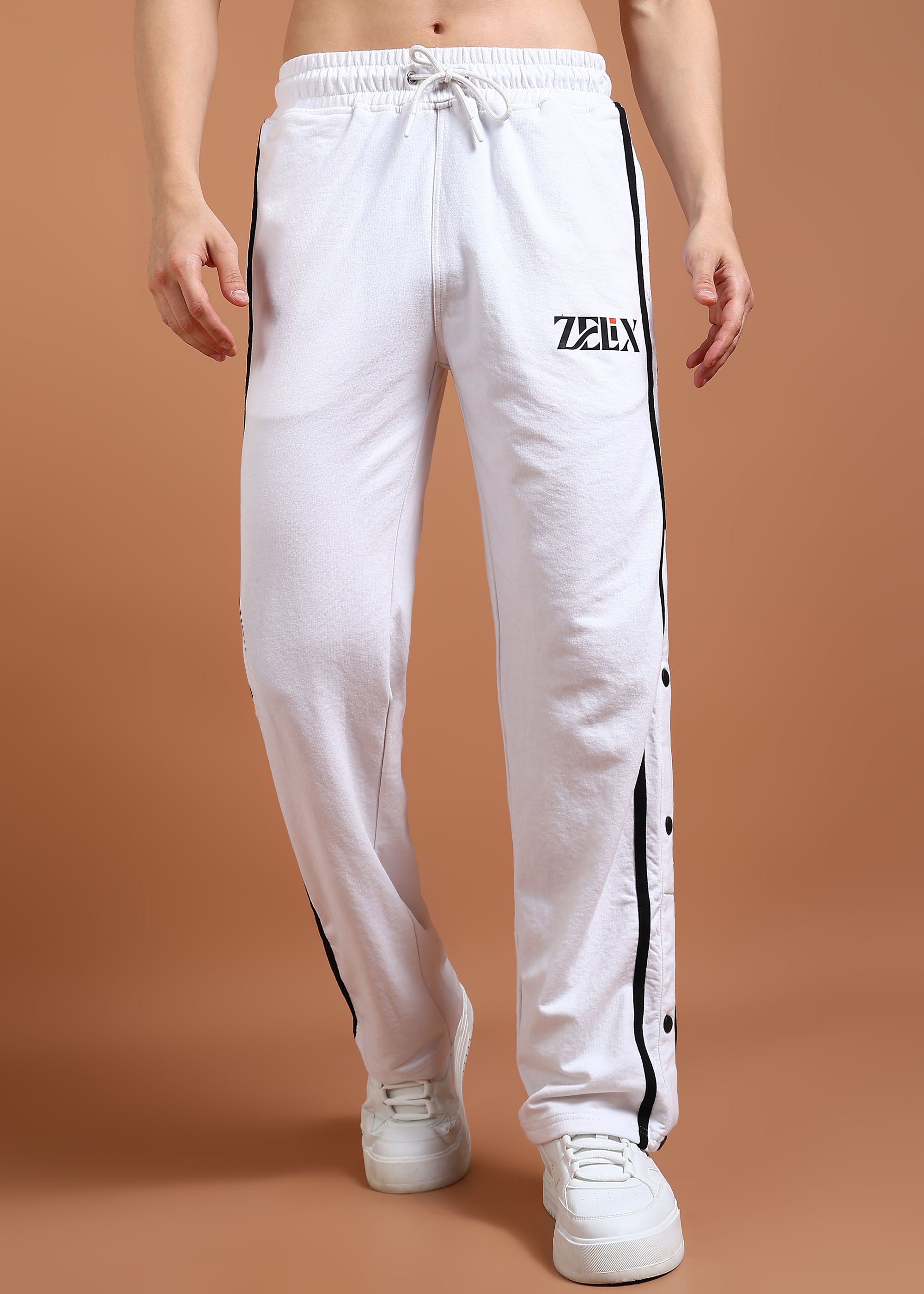 White “Striped Elegance” panel joggers
