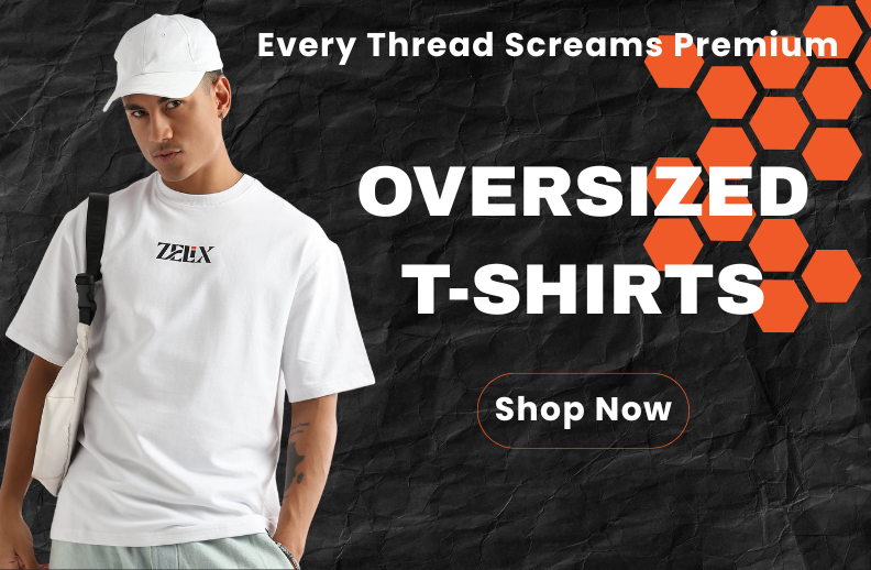 Person wearing a white t-shirt with 'Zephyr' logo, standing against a dark textured background with promotional text for oversized t-shirts.