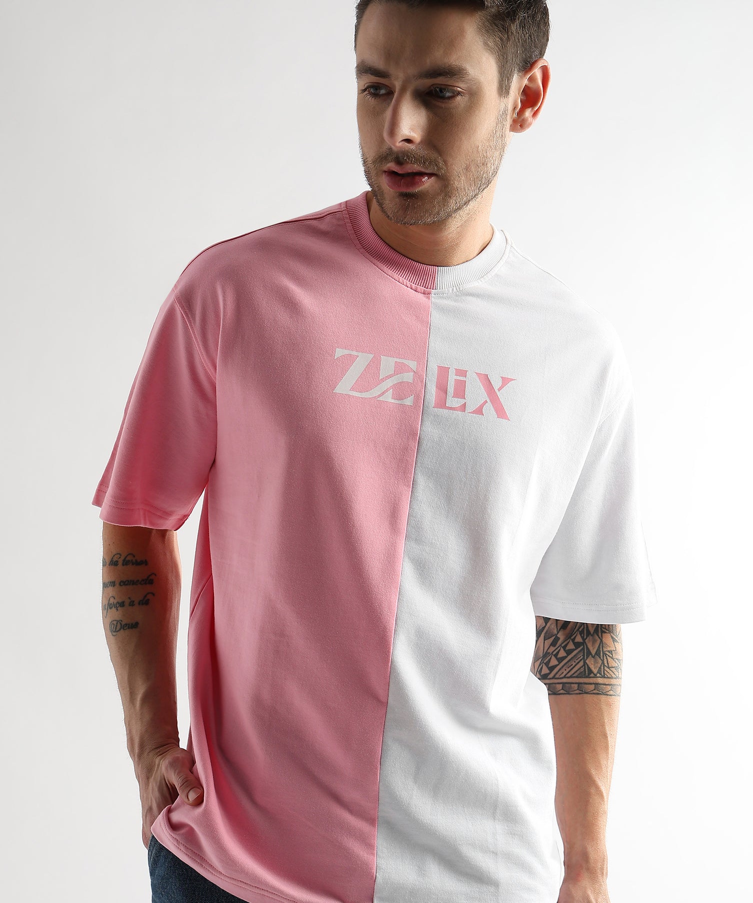Pink and white oversized unisex streetwear t-shirt