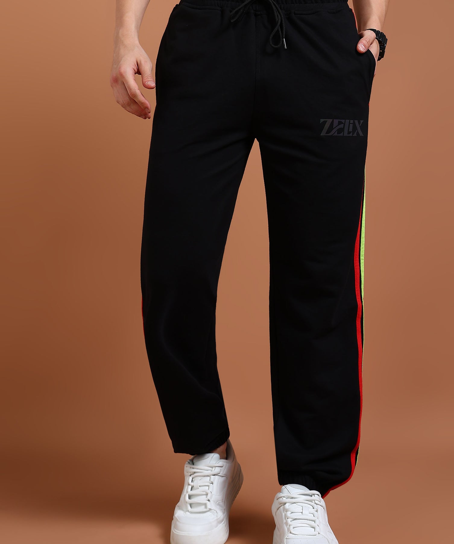 Black “Rainbow Edge” striped jogger pants