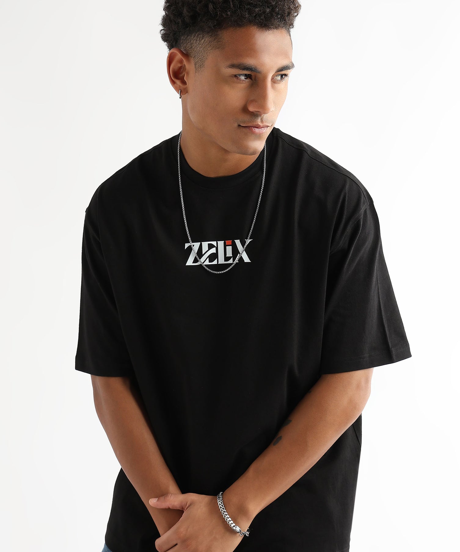 Drop shoulder relaxed fit black slogan tee