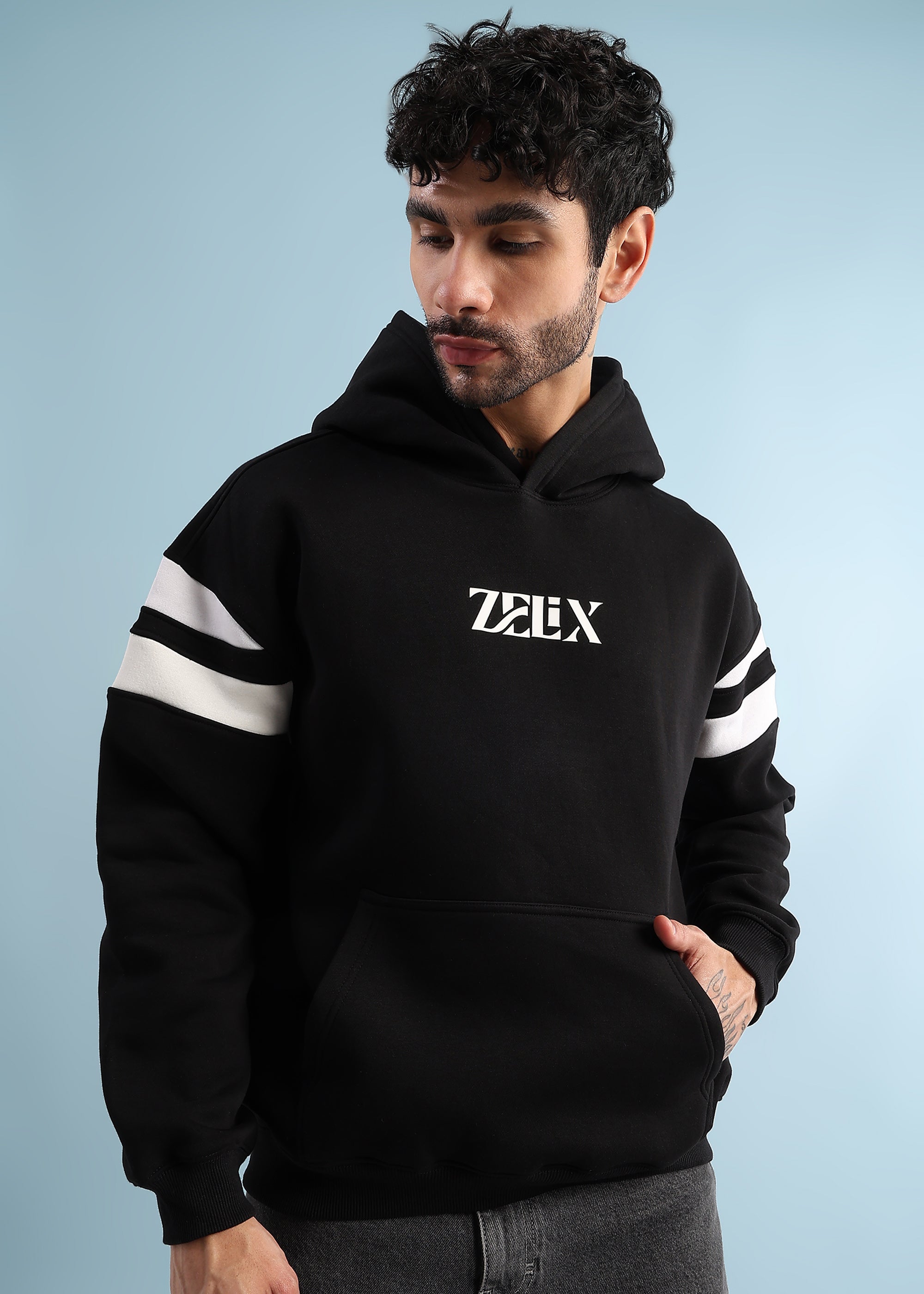 REBEL THREAD FLEECE HOODIE (BLACK WHITE)