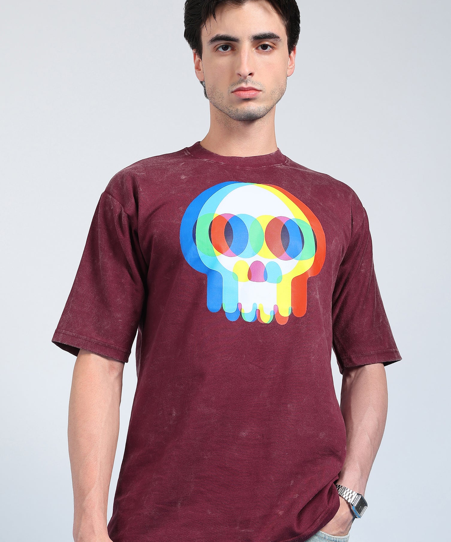 Glitch Skull Acid Wash T-Shirt Maroon