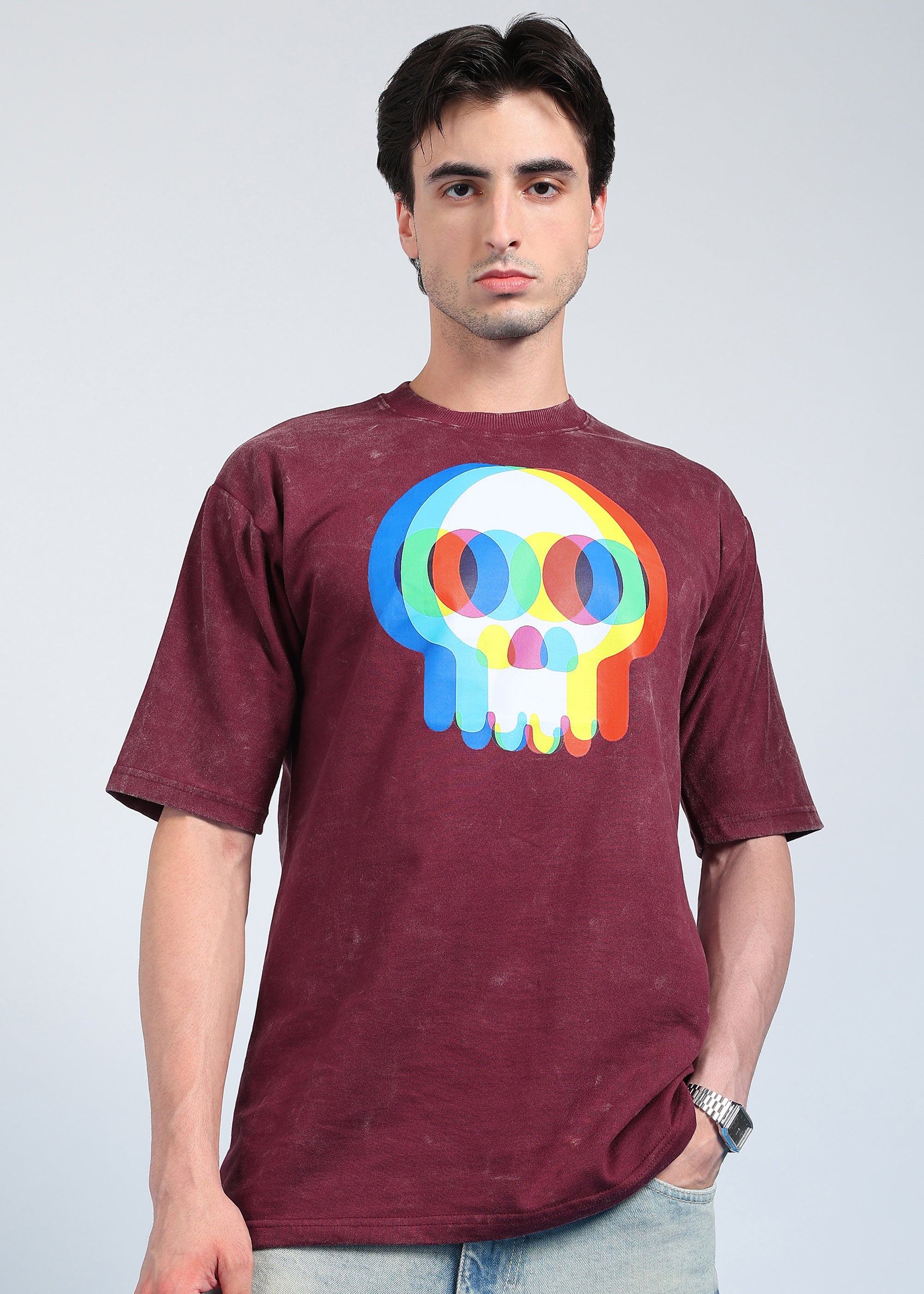 Glitch Skull Acid Wash T-Shirt (Maroon)