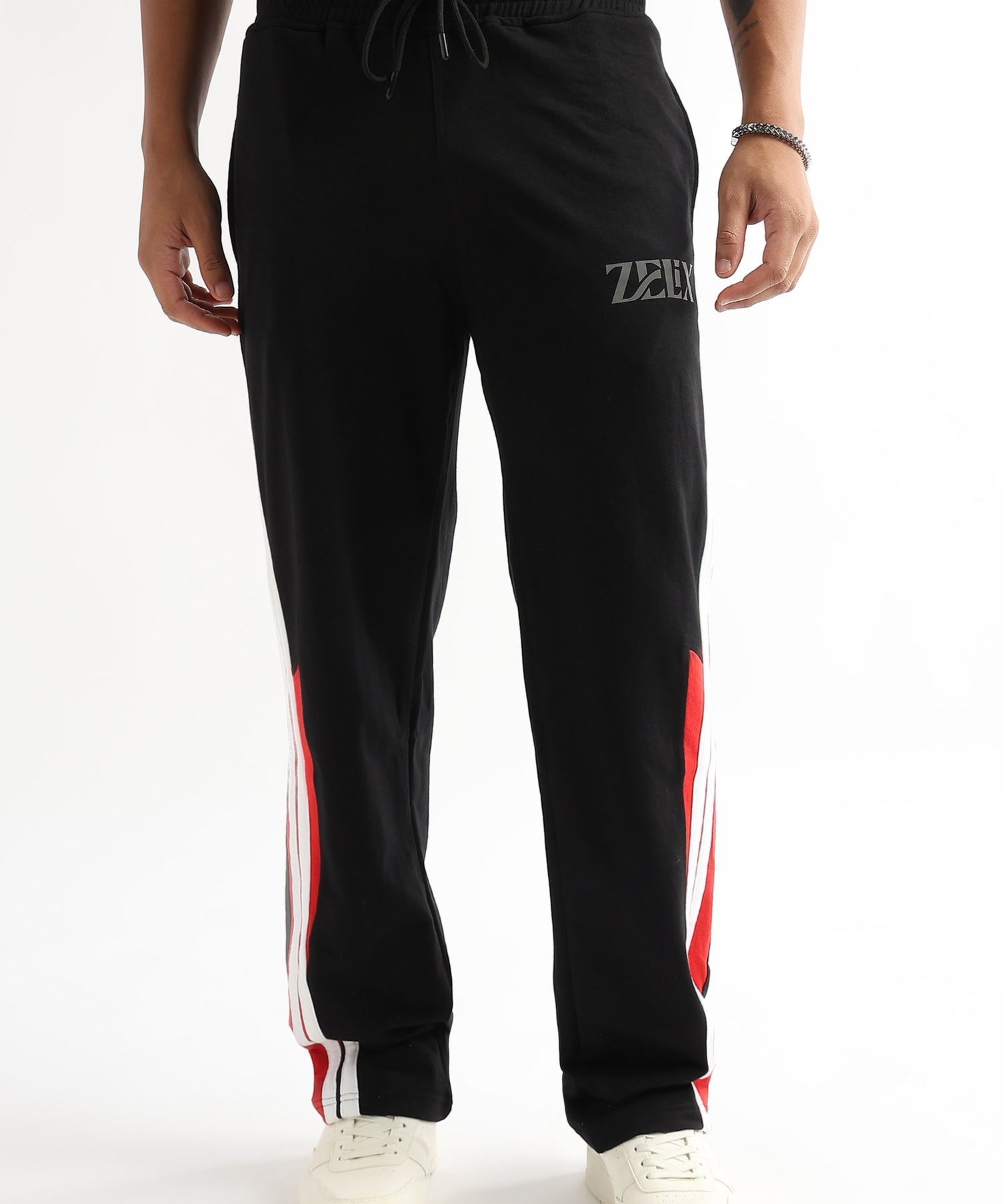 Athletic fit jogger pants in black with red panels