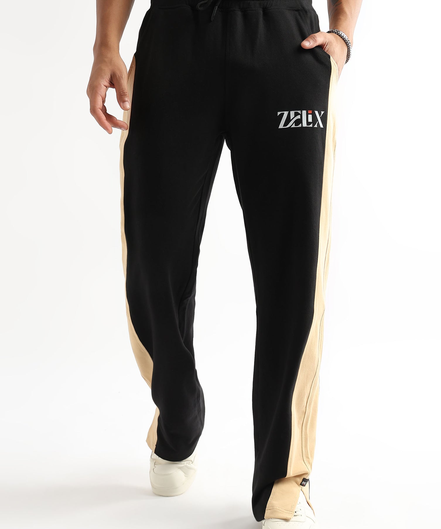 Black-beige “Golden Edge” side slit joggers