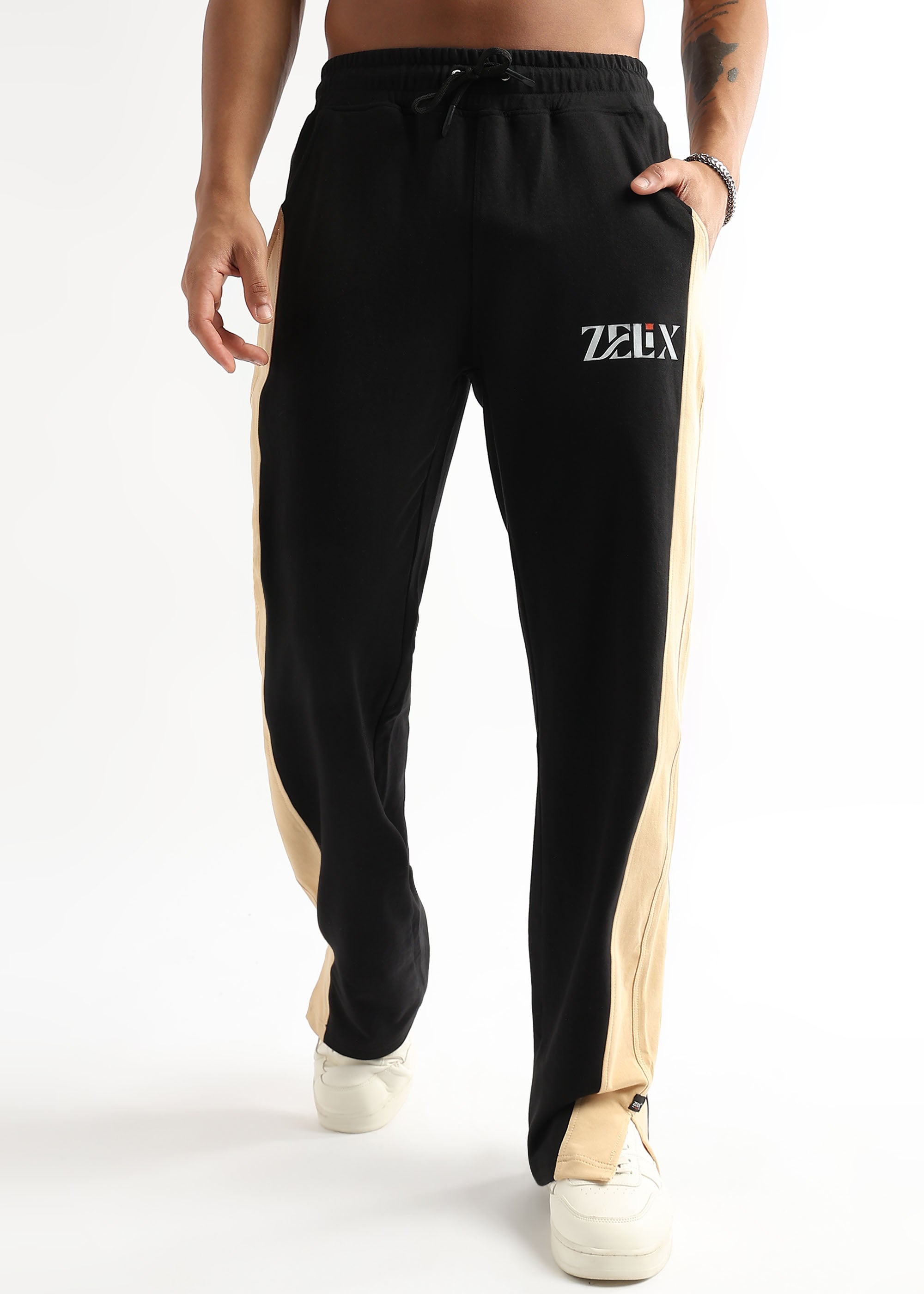 Black-beige “Golden Edge” side slit joggers