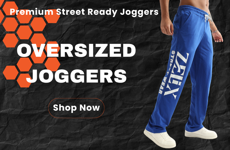 Blue jogger pants with 'Zelix' branding on a textured black background, promotional text for oversized joggers.