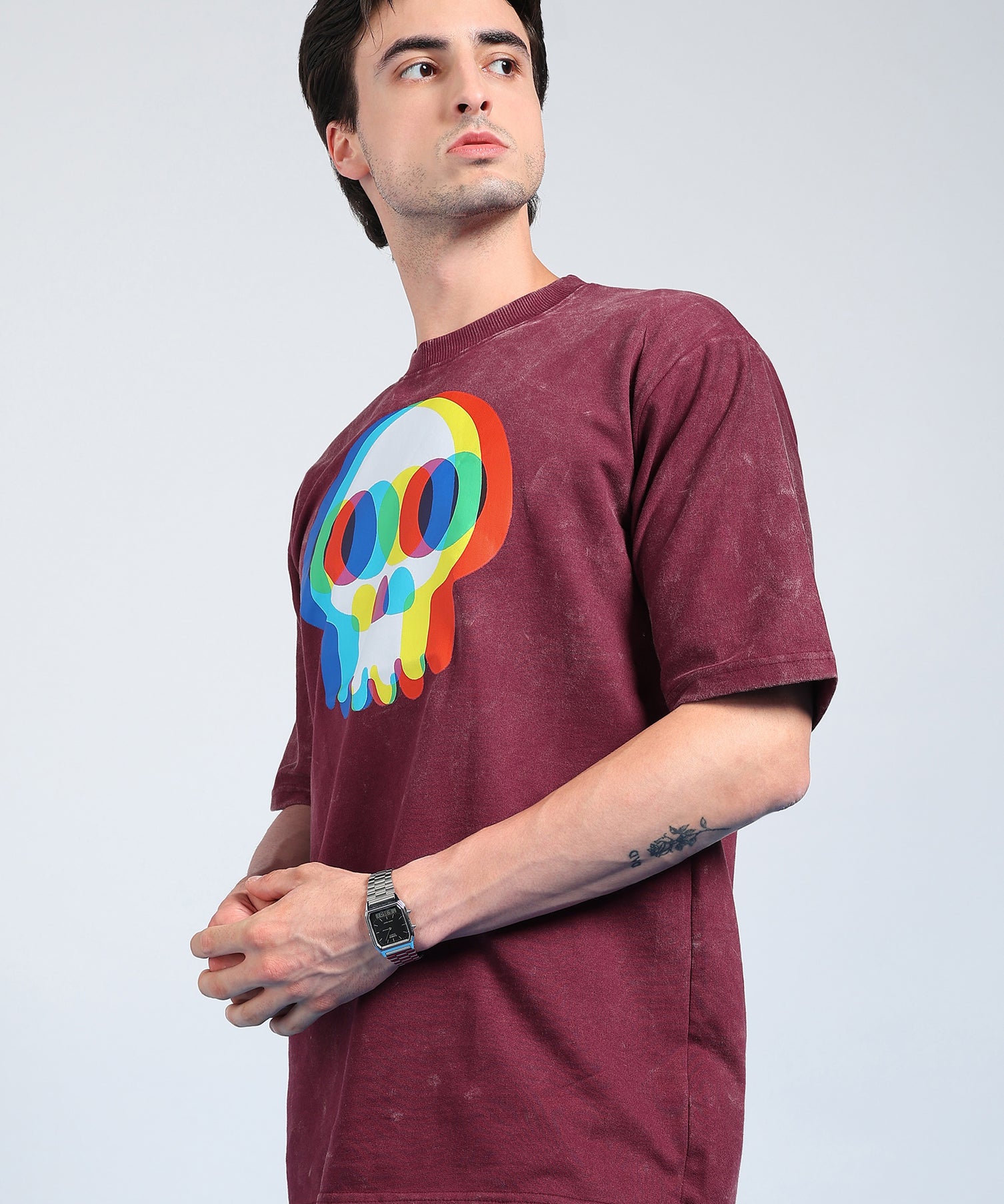 Glitch Skull Acid Wash T-Shirt Maroon