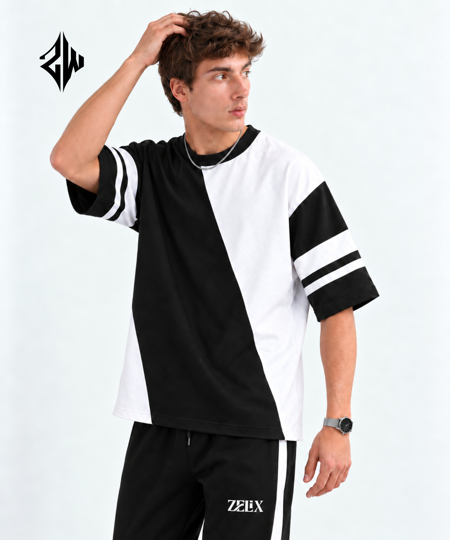 Black & White Color-Block Streetwear Co-Ord Set