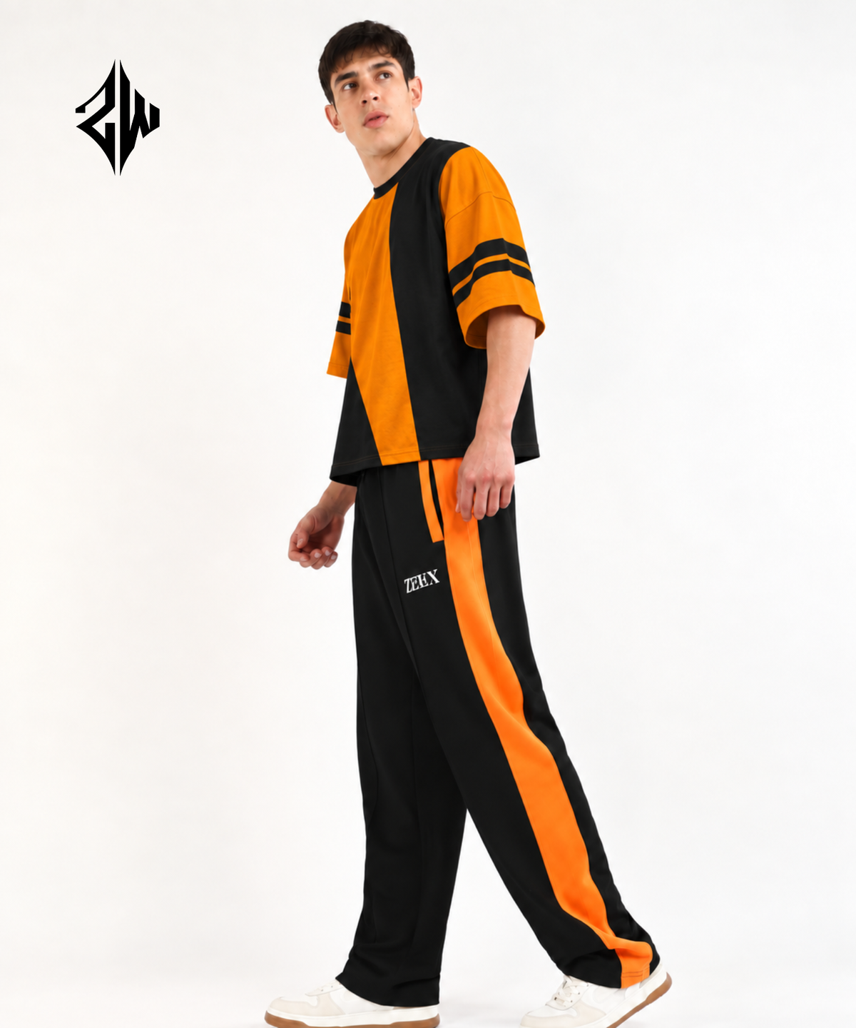 Orange & Black Color-Block Streetwear Co-Ord Set