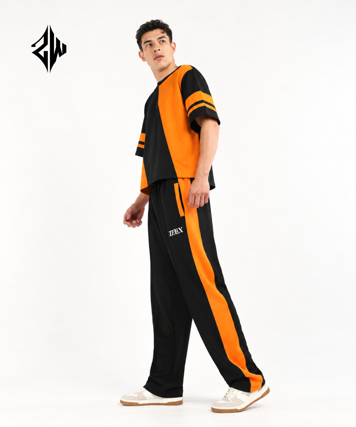 Orange & Black Color-Block Streetwear Co-Ord Set