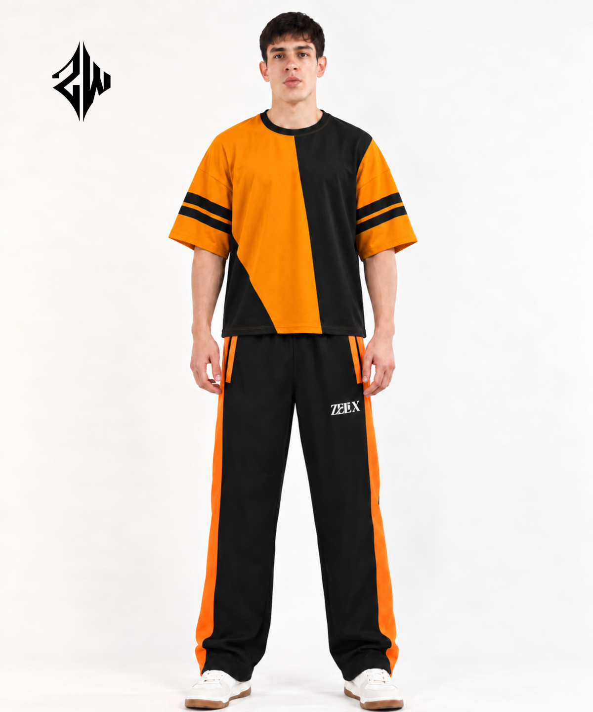 Orange & Black Color-Block Streetwear Co-Ord Set