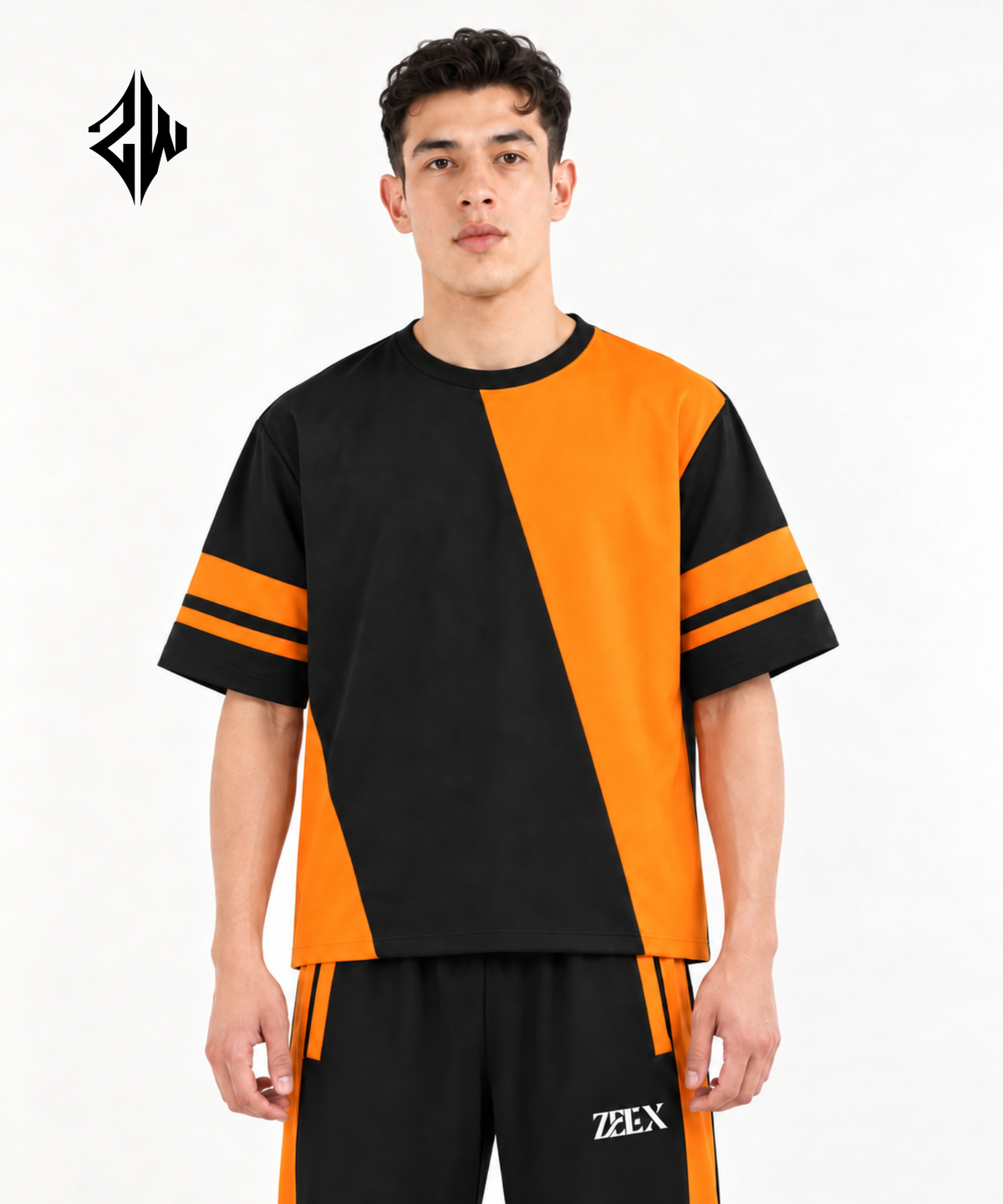 Orange & Black Color-Block Streetwear Co-Ord Set