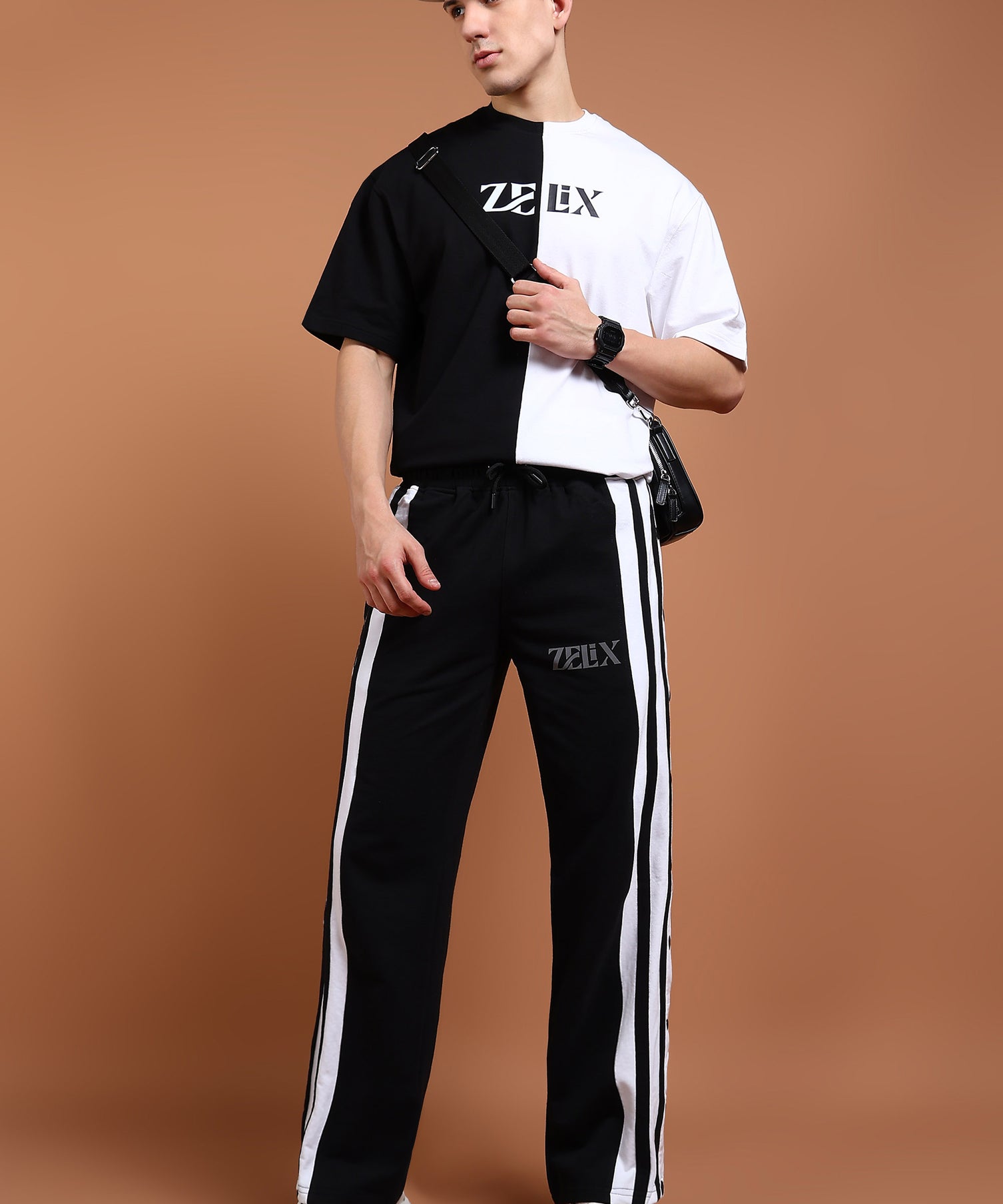 Stylish black jogger pants with bold stripe contrast