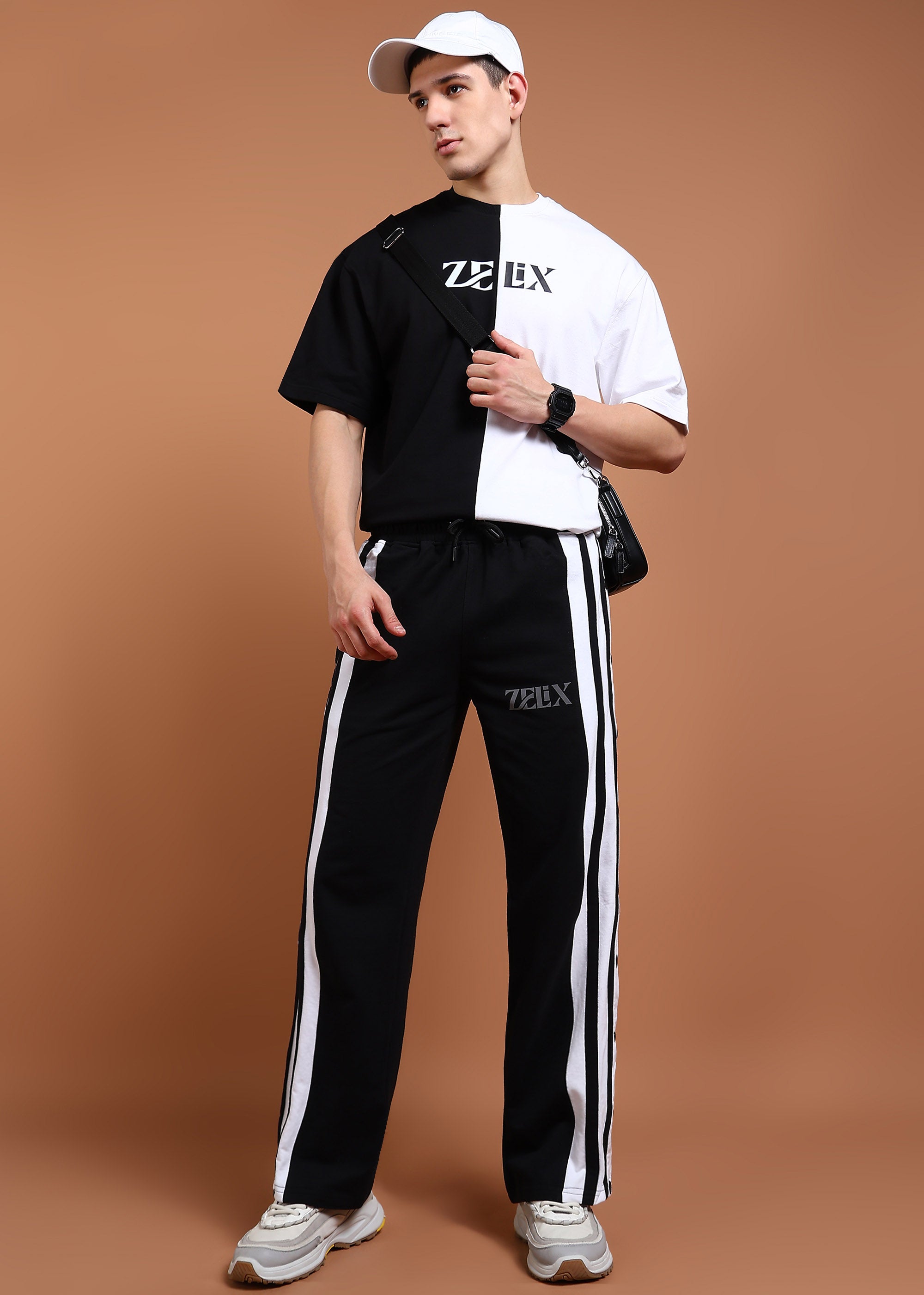 Stylish black jogger pants with bold stripe contrast