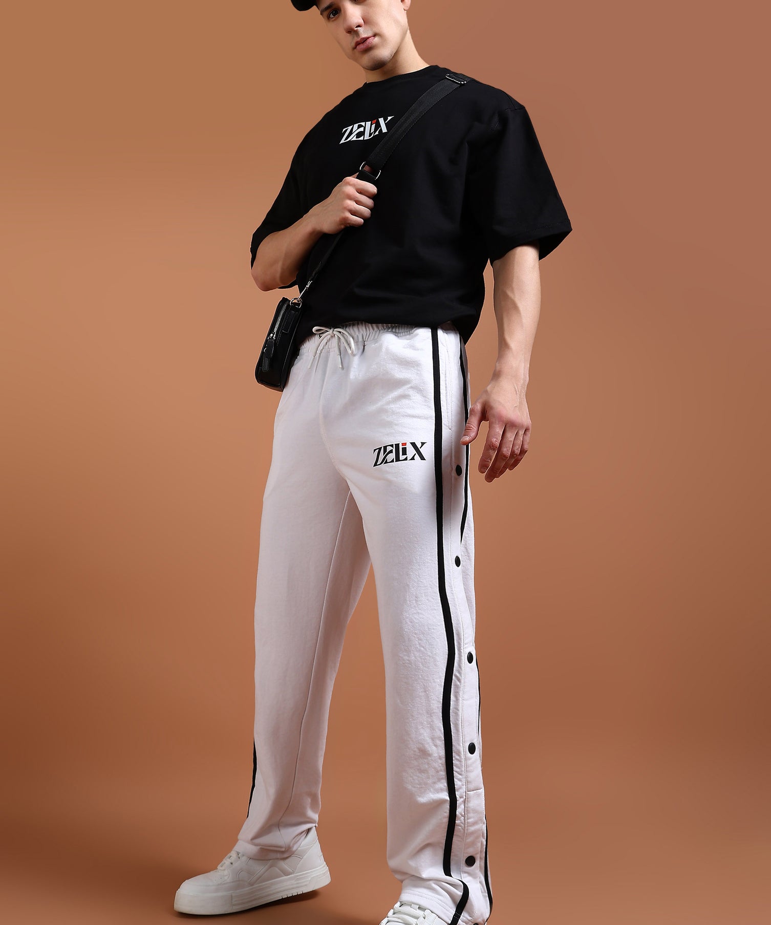 Stylish white joggers with black contrast panels