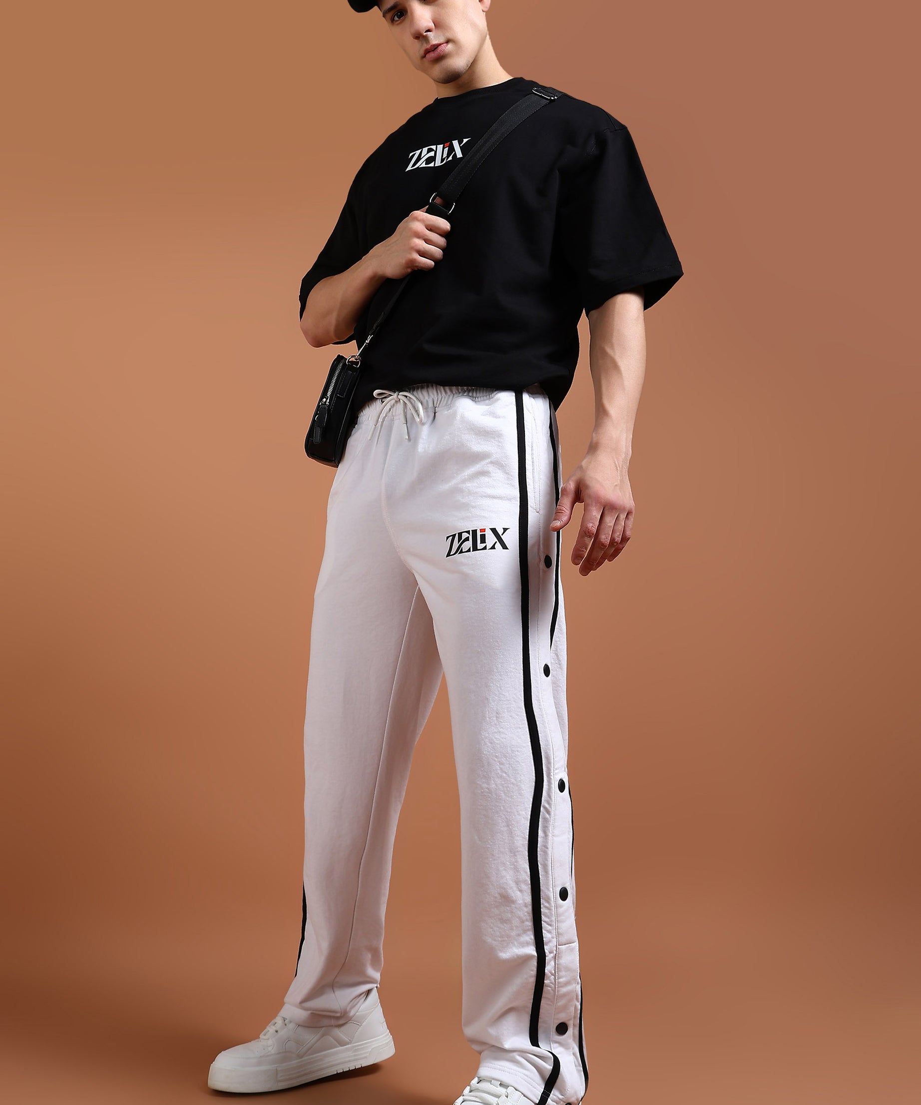 Stylish white joggers with black contrast panels
