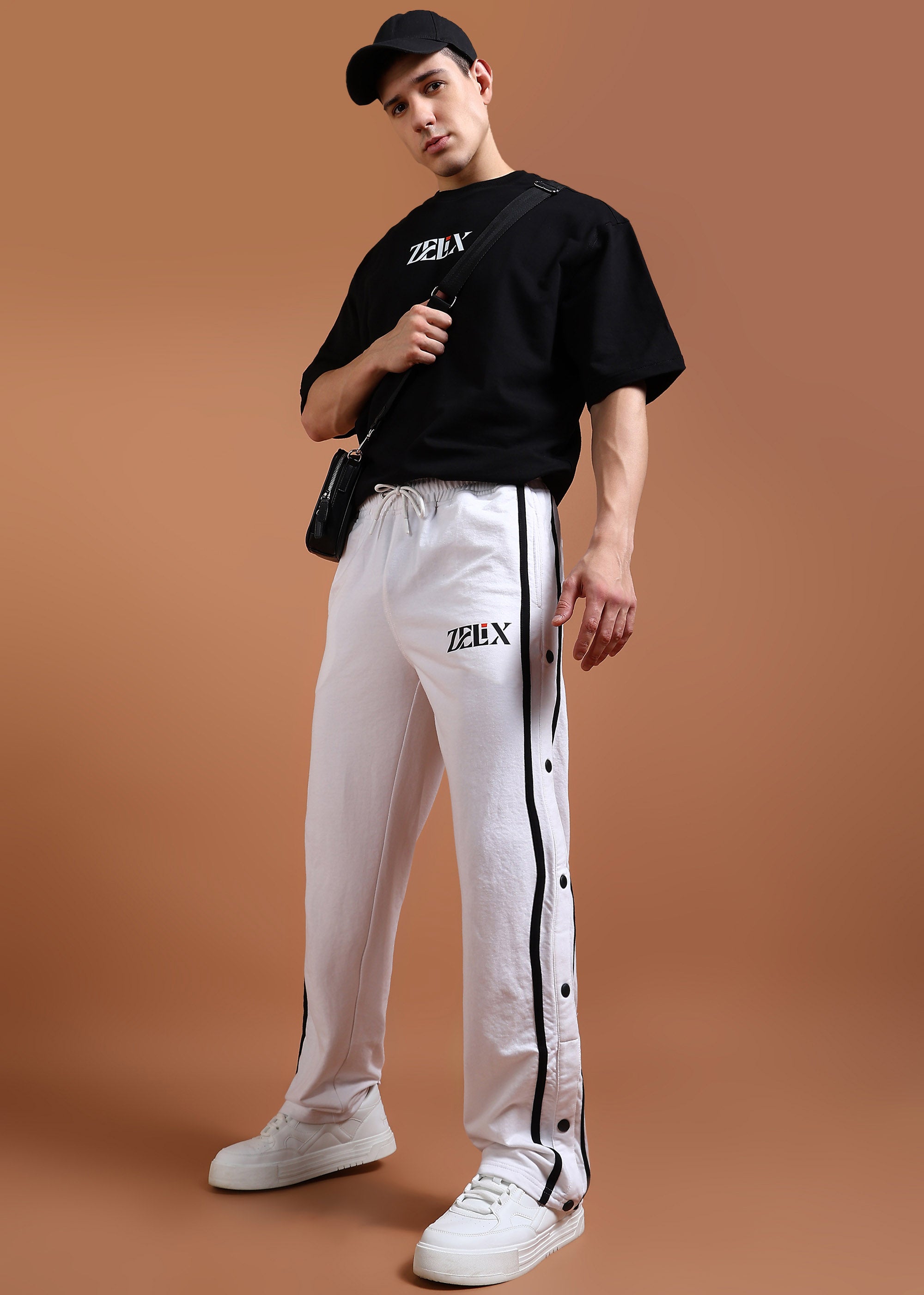 Stylish white joggers with black contrast panels