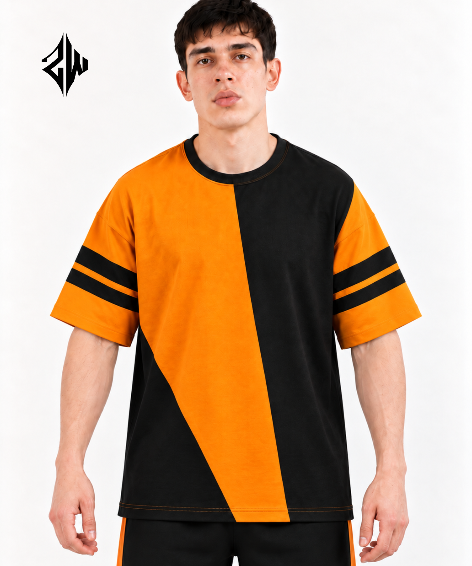 Orange & Black Color-Block Streetwear Co-Ord Set