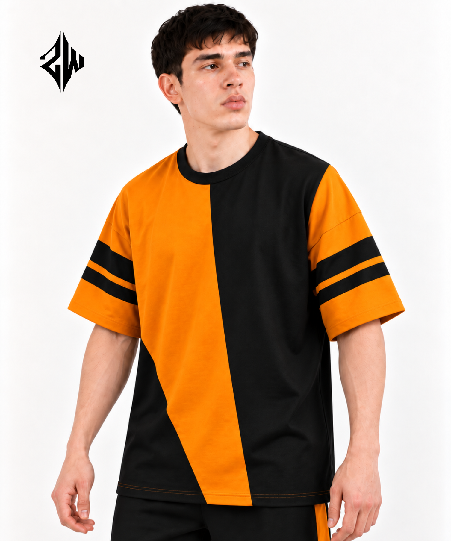 Orange & Black Color-Block Streetwear Co-Ord Set