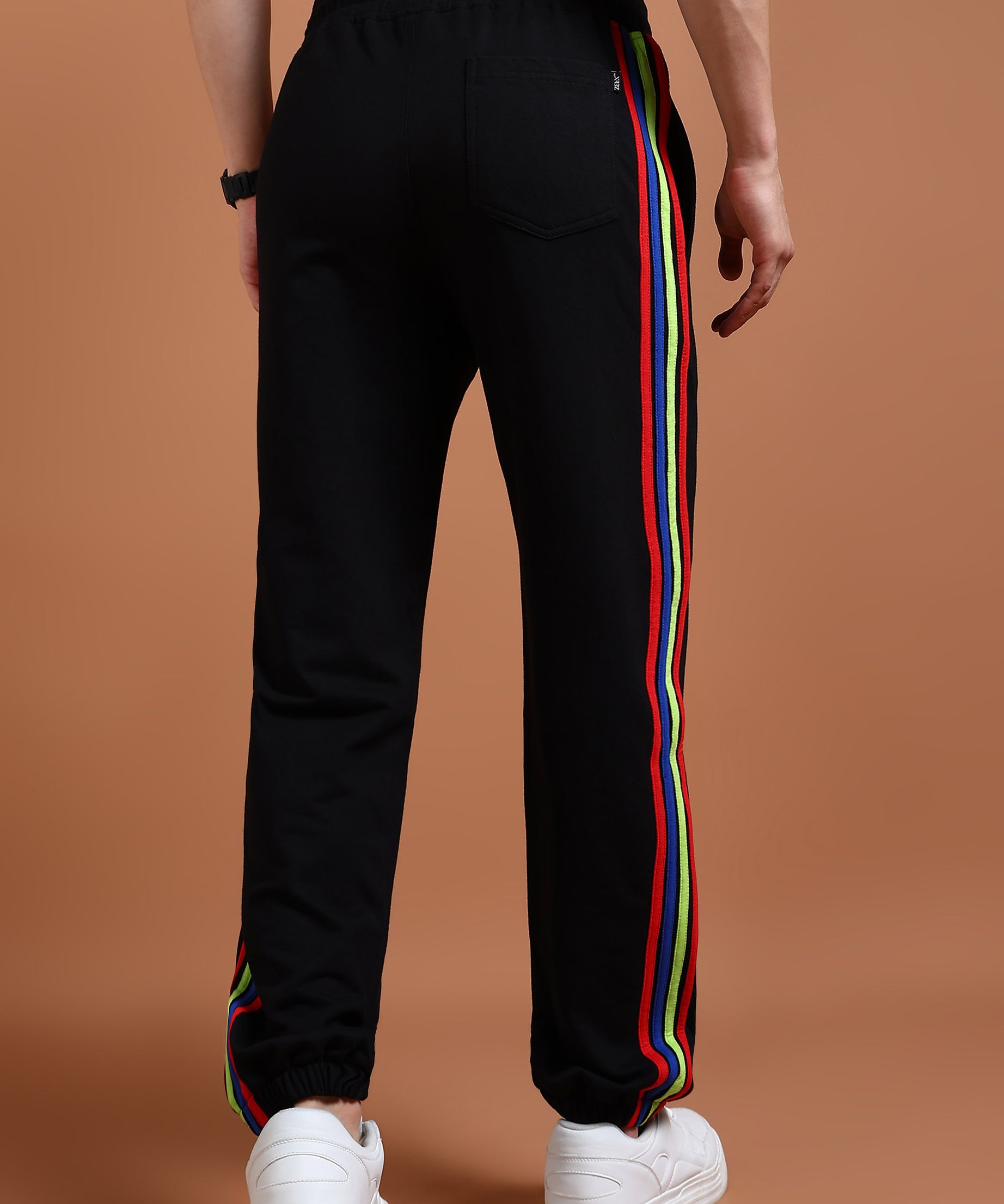 Cotton blend black joggers with rainbow panels