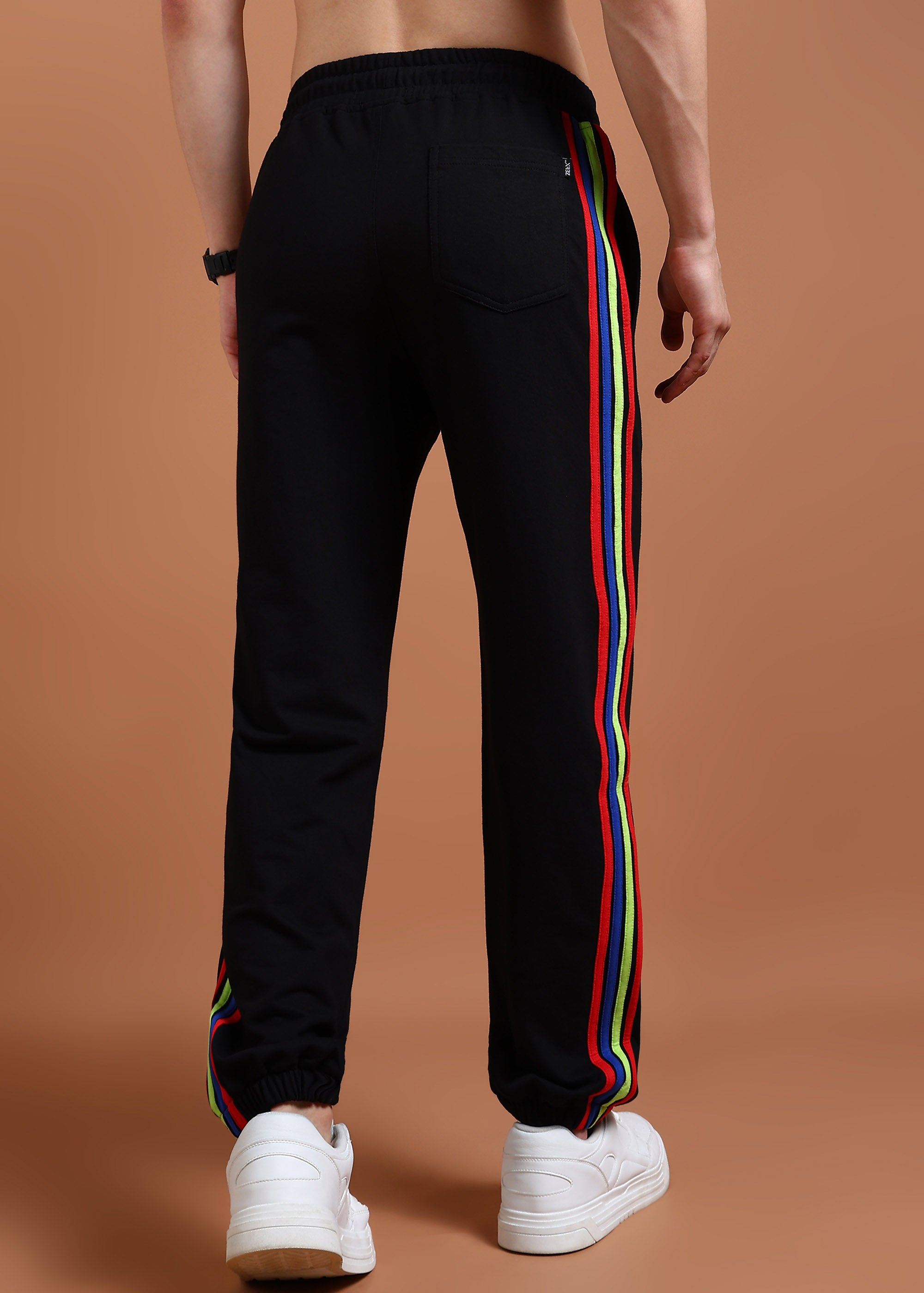 Cotton blend black joggers with rainbow panels