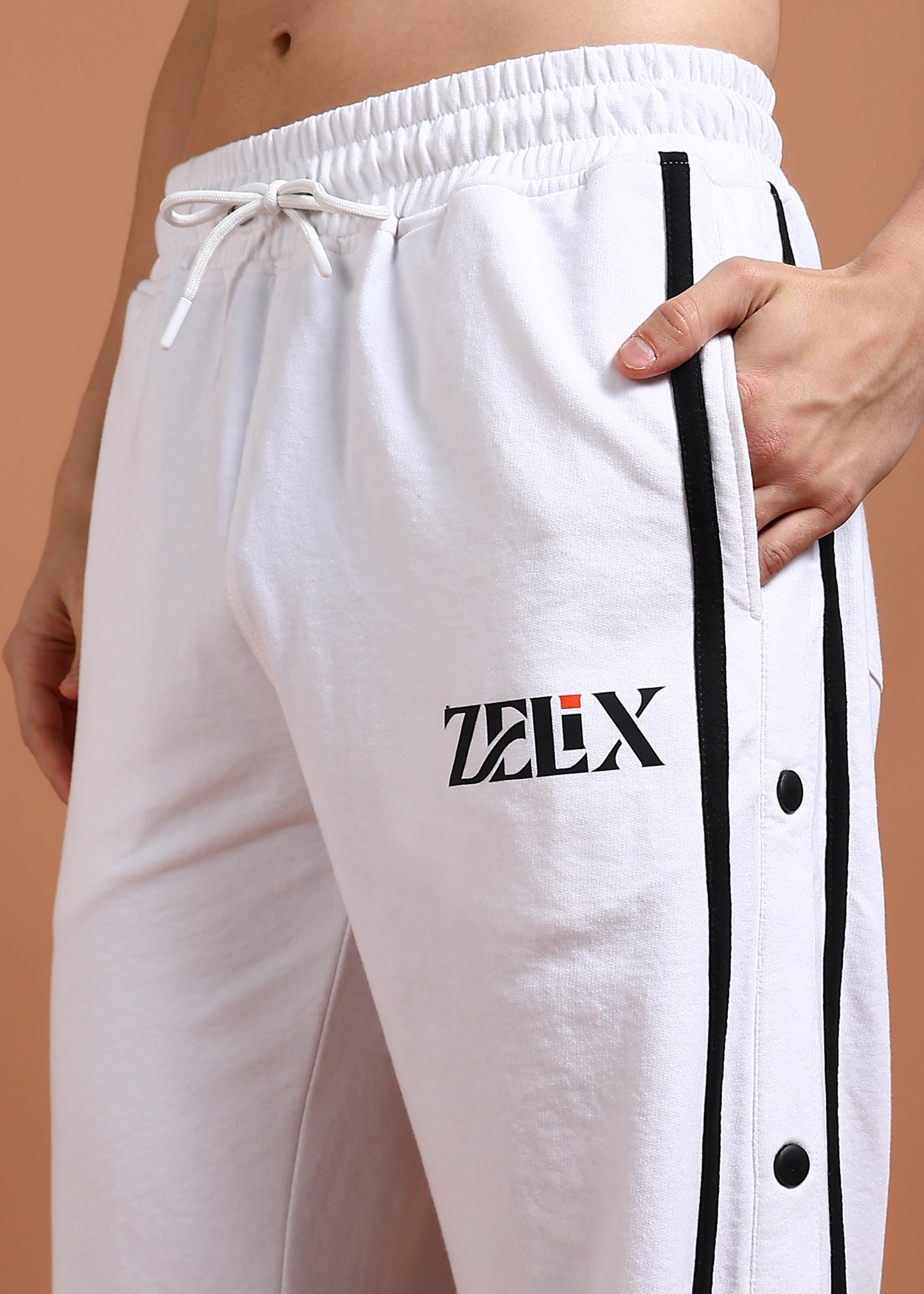 Unisex white joggers with elegant striped design