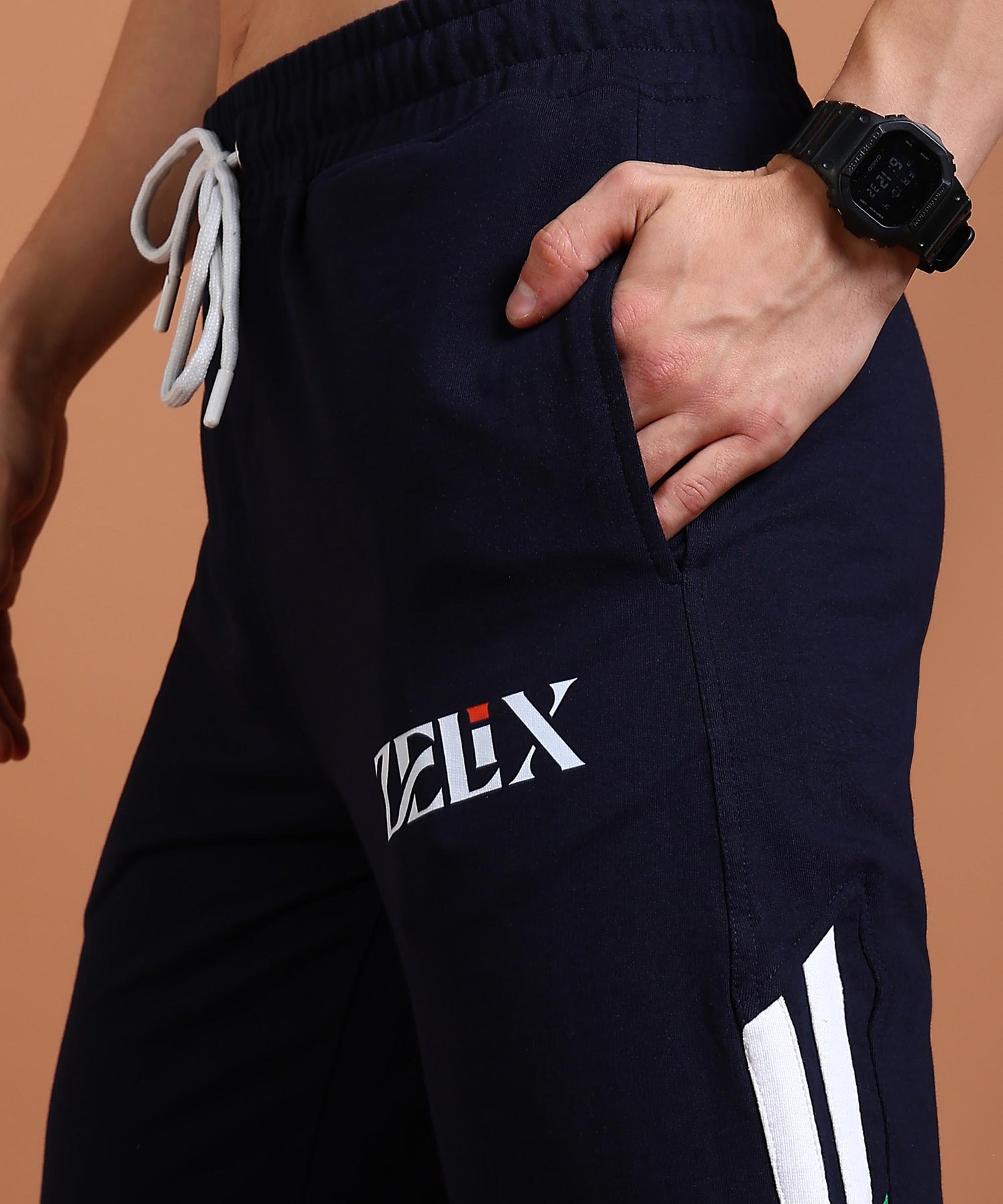 Trendy navy-green color block casual joggers