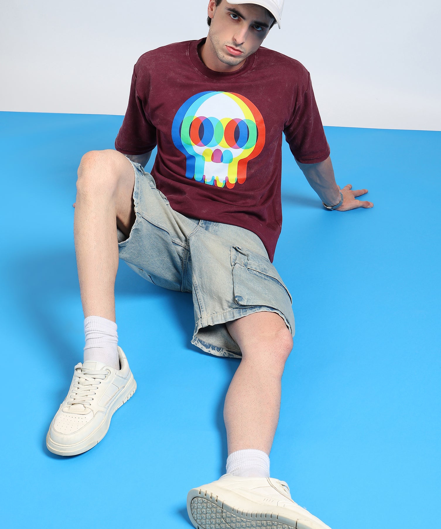 Glitch Skull Acid Wash T-Shirt Maroon