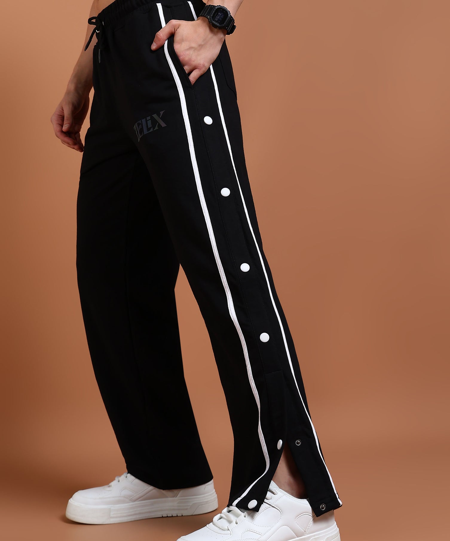 Athletic black joggers with striped panel design