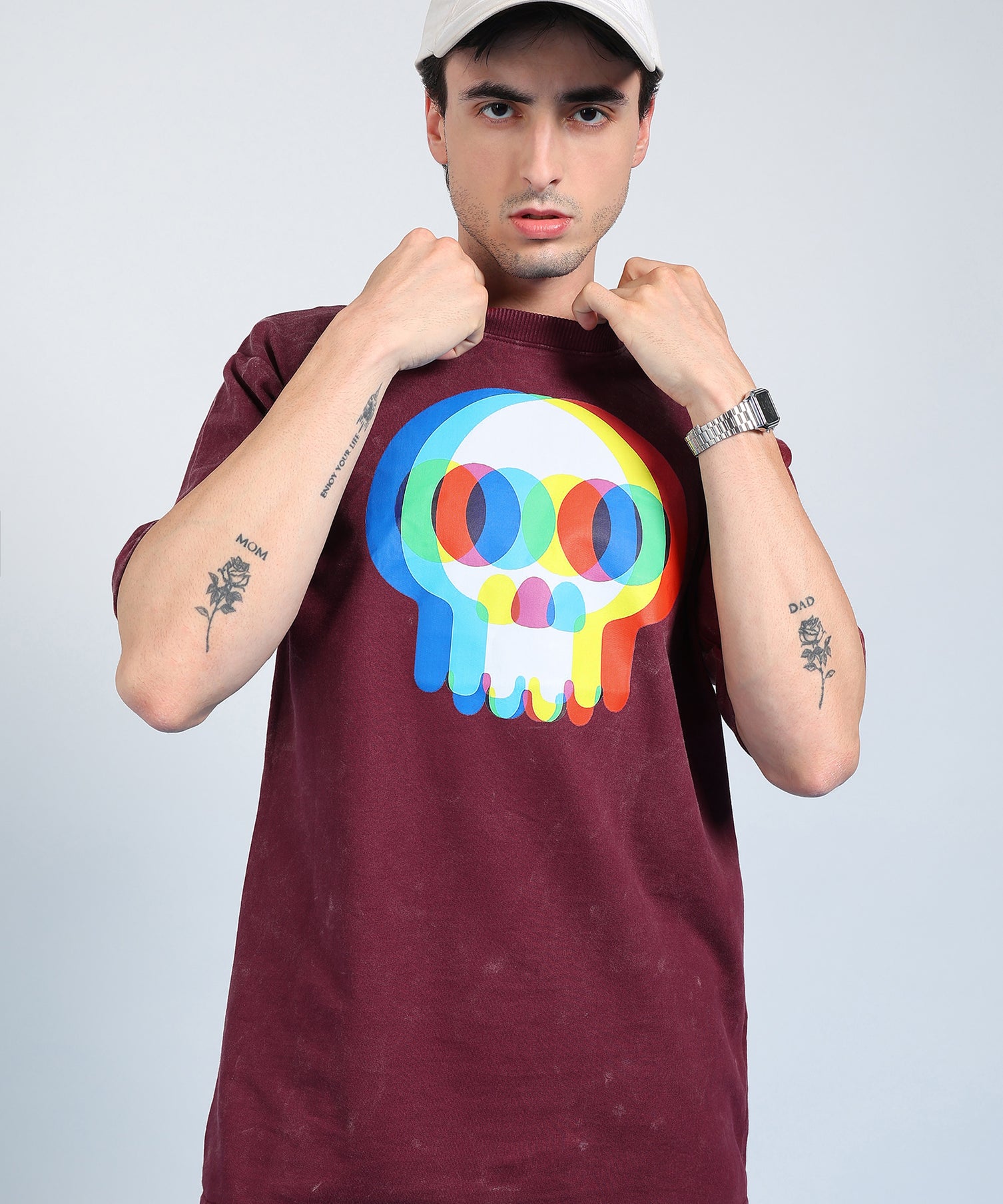 Glitch Skull Acid Wash T-Shirt Maroon